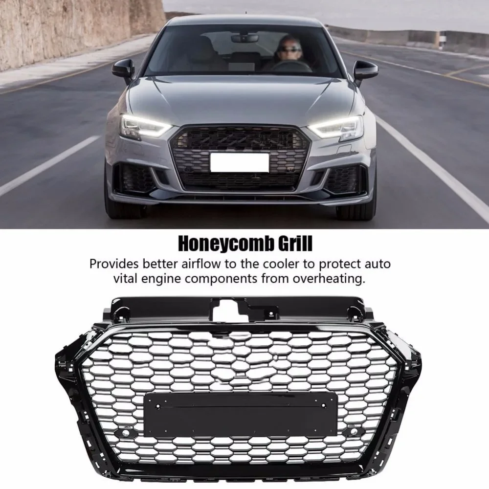 For RS3 Style Front Sport Hex Mesh Honeycomb Hood Grill Gloss Black for Audi A3/S3 8V 2017-2019 Car Accessories