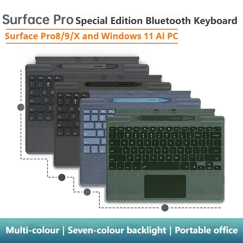 Touch Keyboard with Pen Slot 2025 New Colourways for Microsoft Surface Pro 8/9/10/X Bluetooth Keyboard Magnetic Tablet Wireless