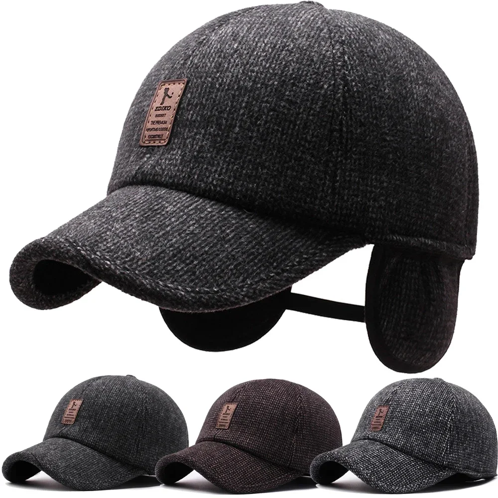 Winter Wool Hat for Men Ear Cover Cap Sport Golf Baseball Caps Cotton Snapback Women Casquette Dad Hat Caps Gorras Earflaps Hats