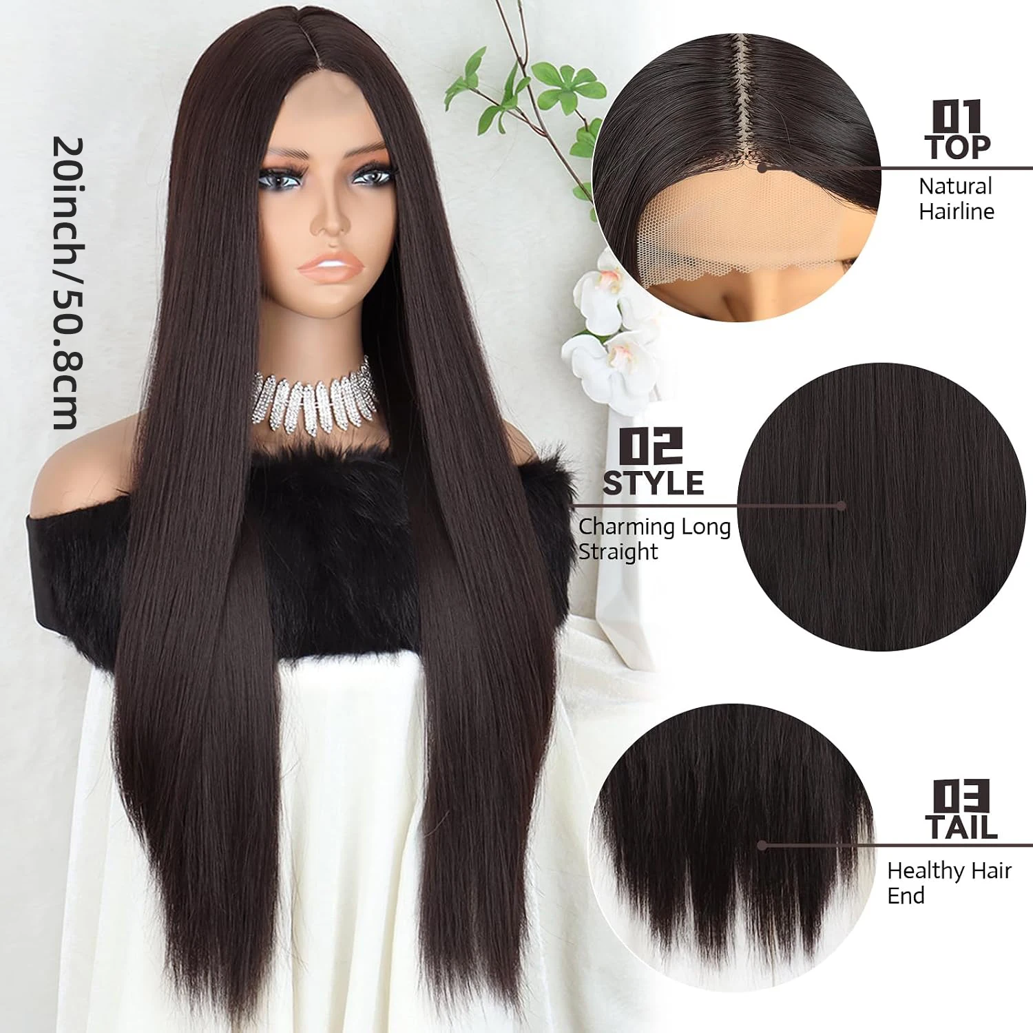 4*1 Lace Synthetic Wigs Dark Brown Long Straight Wig Natural Hairline Heat Resistant Fiber Women Wig 20 Inch For Daily Use