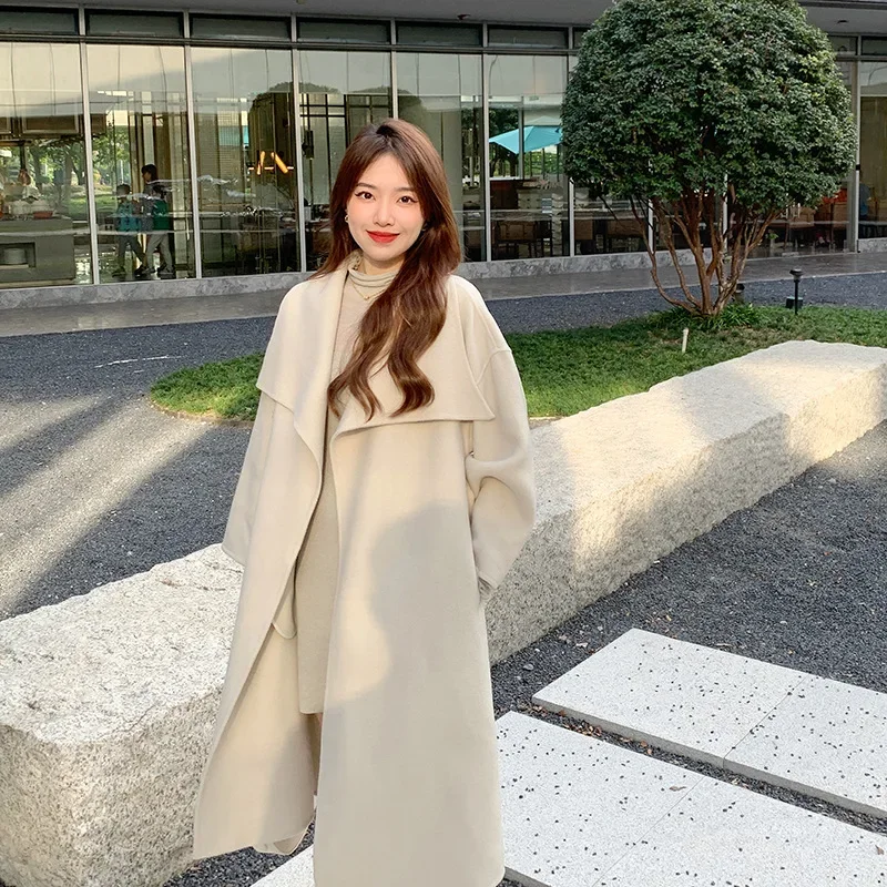 Large Lapel Wool Blends Coat Women's Double-sided Woolen Winter Atmosphere Sense Mid-length Clothing Coats Jackets Jasmine White