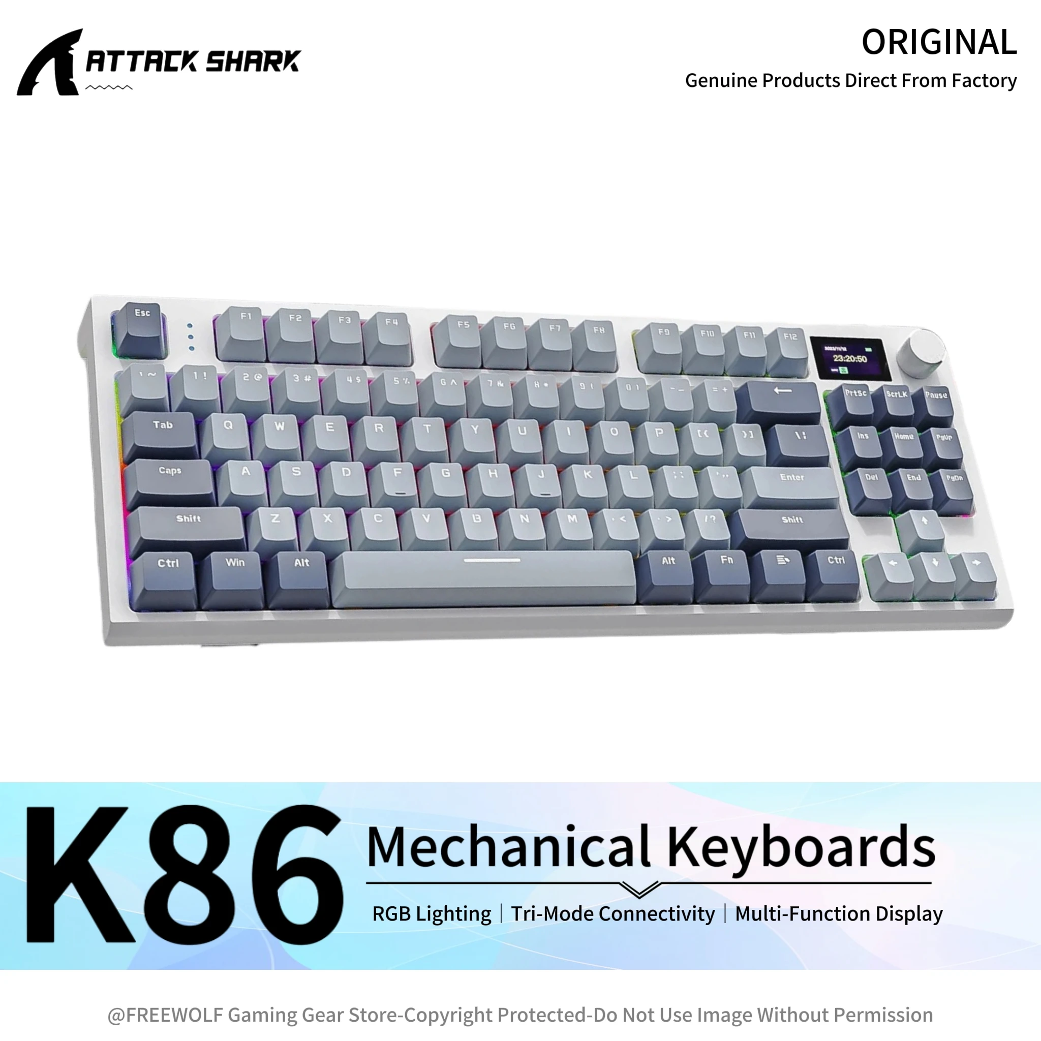 

Механическая клавиатура Attack Shark K86 RGB с возможностью индивидуальной настройки, Bluetooth-подключением, интеллектуальным цветным TFT-дисплеем и облачным драйвером.