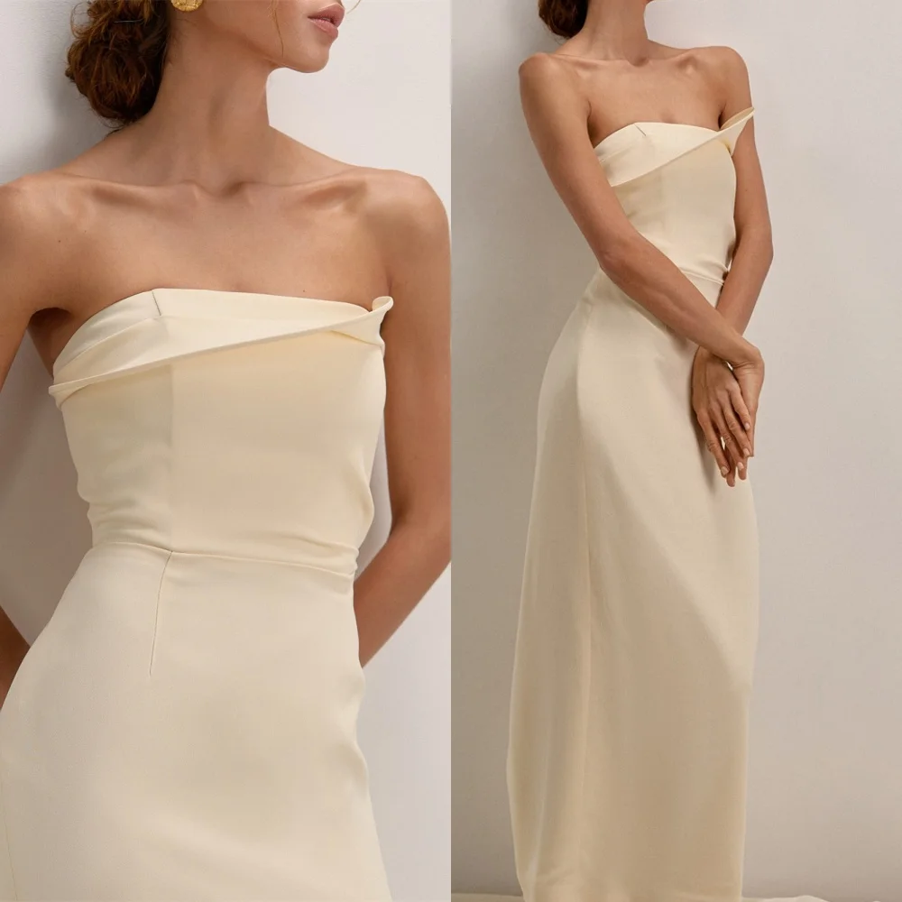 

Customized Exquisite White Satin Homecoming Dress High Quality Strapless Ruched Mermaid Zipper Back Customized Vestido De Noche