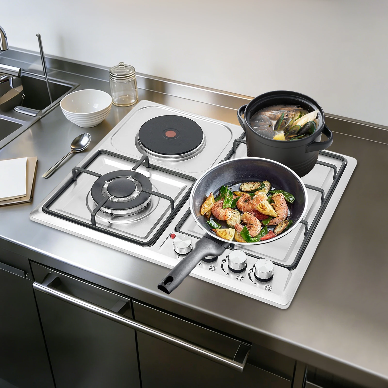 

Плита с 4 конфорками из нержавеющей стали, 3 газовые и 1 электрическая конфорка с электронным поджигом для домашней кухни и коммерческого использования