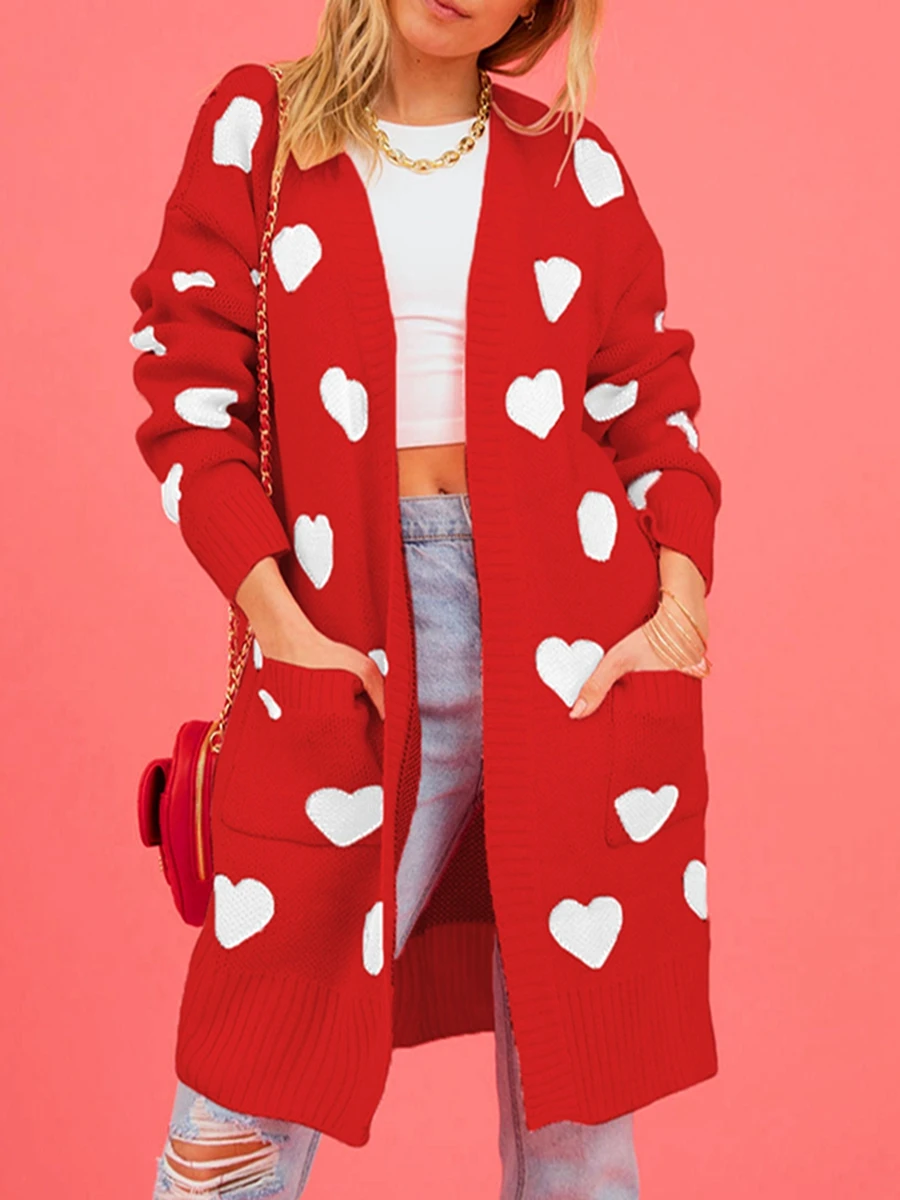 

Women Open Front Duster Sweaters Casual Heart Print Knitted Cardigans with Pockets Warm Fall Knitwear for Streetwear