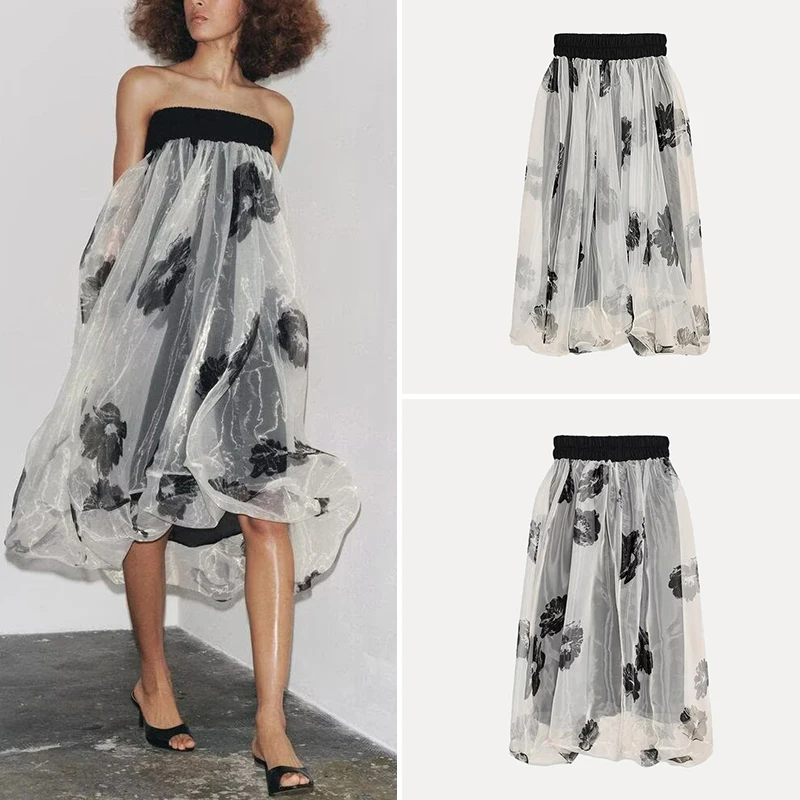 

Faionable Printed Transparent Hard Tulle Dr Women's Sle New Summer 2025 Midi Skirt Polyester Fiber Z Brand