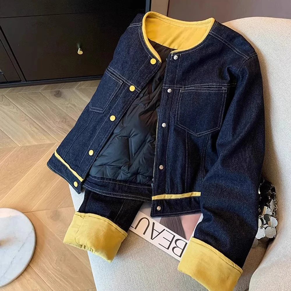 Women Short Denim Cotton Coat Retro Splicing Color Design Winter New Style Single Breasted Colors Blocking Cowboy Cotton Jacket