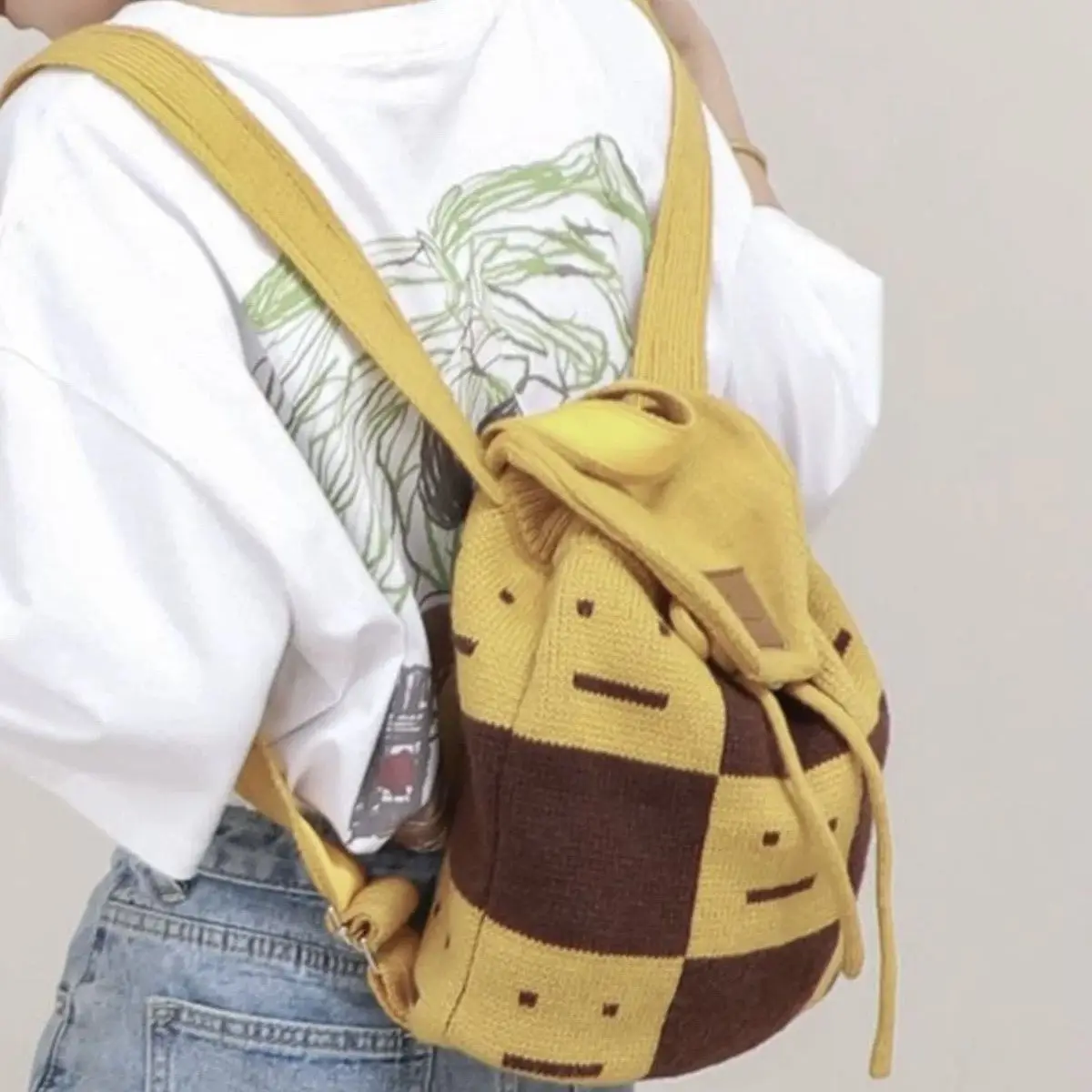 Ins الكورية محبوك ابتسامة الوجه على ظهره المرأة منقوشة كتلة اللون سعة كبيرة الرباط Daypack السيدات اليومية Mochilas Mujer جديد