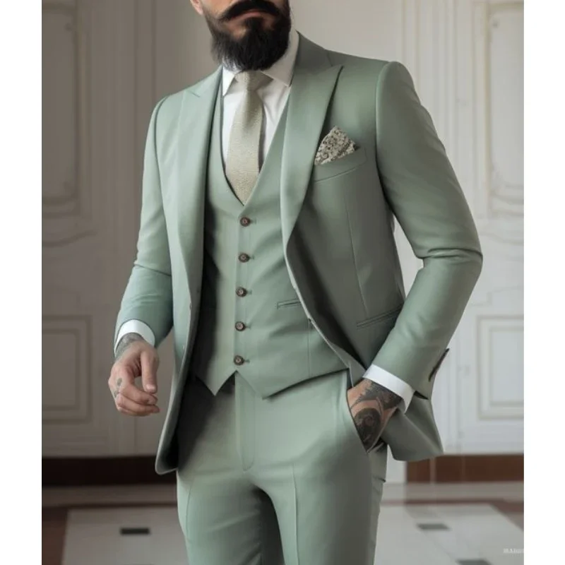 

Light green Suits Men Suits 3 Pieces Wedding Wear Business Male Groom Wedding Dress Jacket Vest Pants Set Blazers Coat