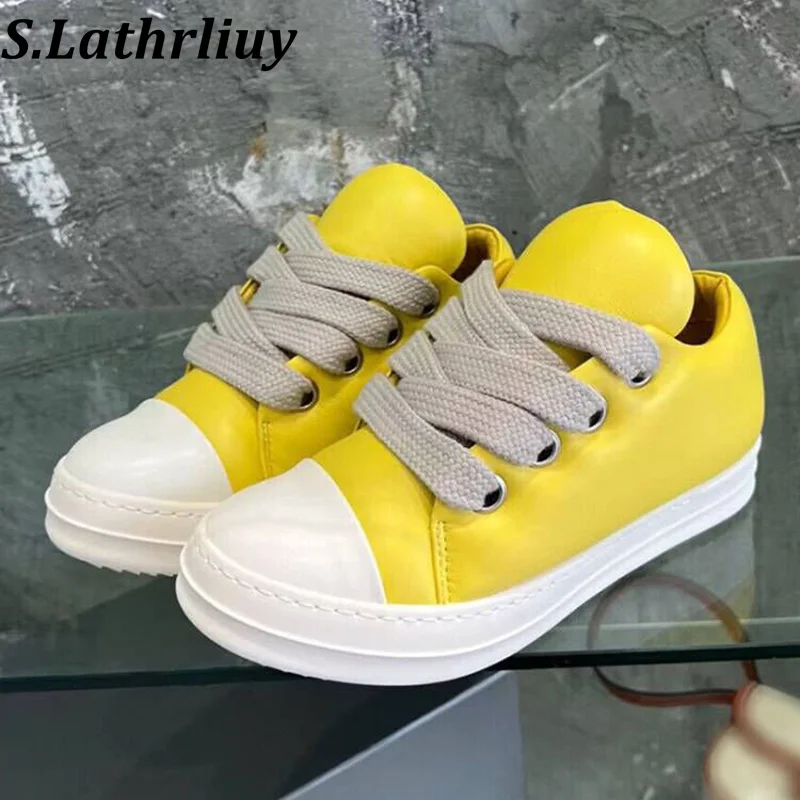 

Spring Autumn Genuine Leather Soft Bread Big Toe Flat Shoes Women Thick Bottom Lace Up Sneakers Leisure Tennis Shoes Unisex