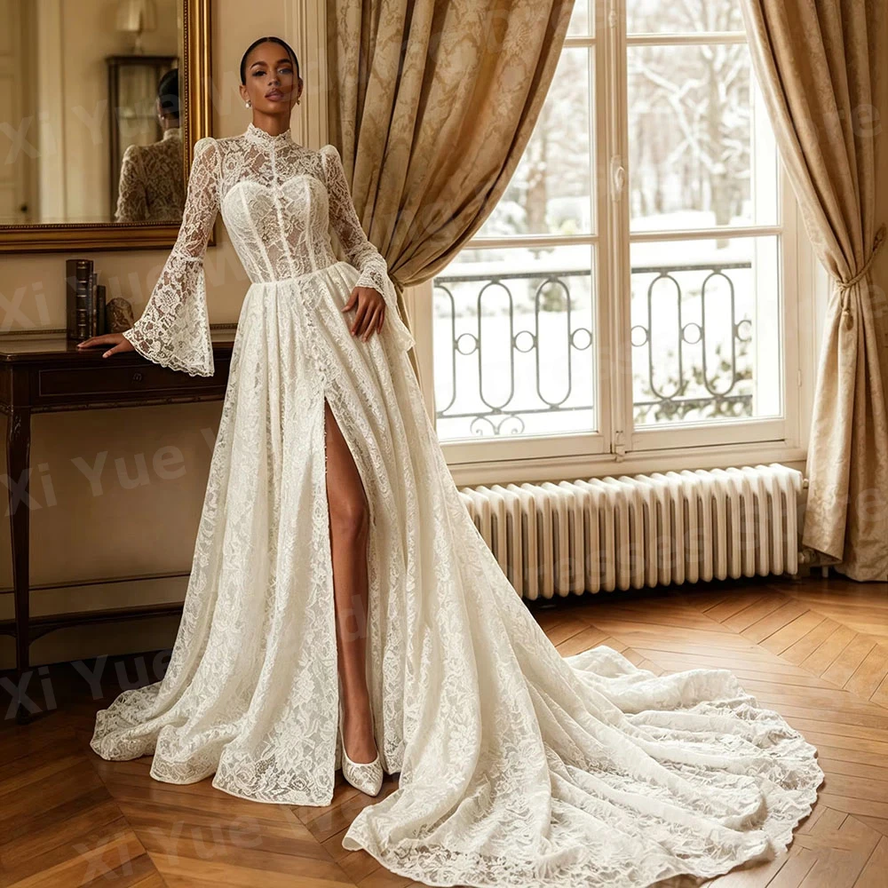 Luxuriöses A-Linien Brautkleid mit Spitze, hohem Kragen, langen Ärmeln und Schlitz, Maßgeschneiderte Hochzeitskleider, Vestido De Novia, Robe De Mariée