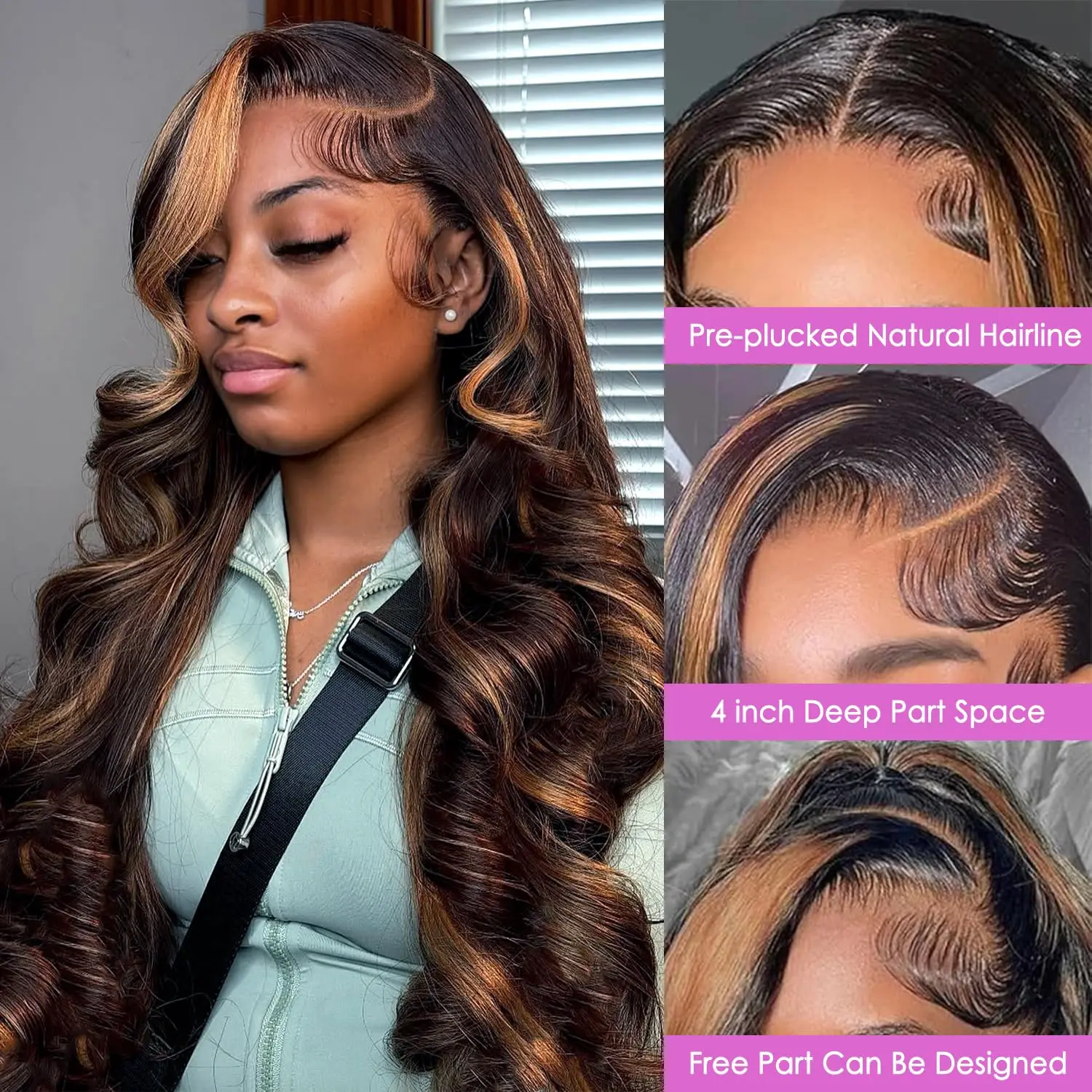 Highlight Ombre Lace Front Wig Human Hair Body Wave Pre Plucked 1B/30 Lace Front Human Hair Wig 200 Density 30 Inch For Women image 4