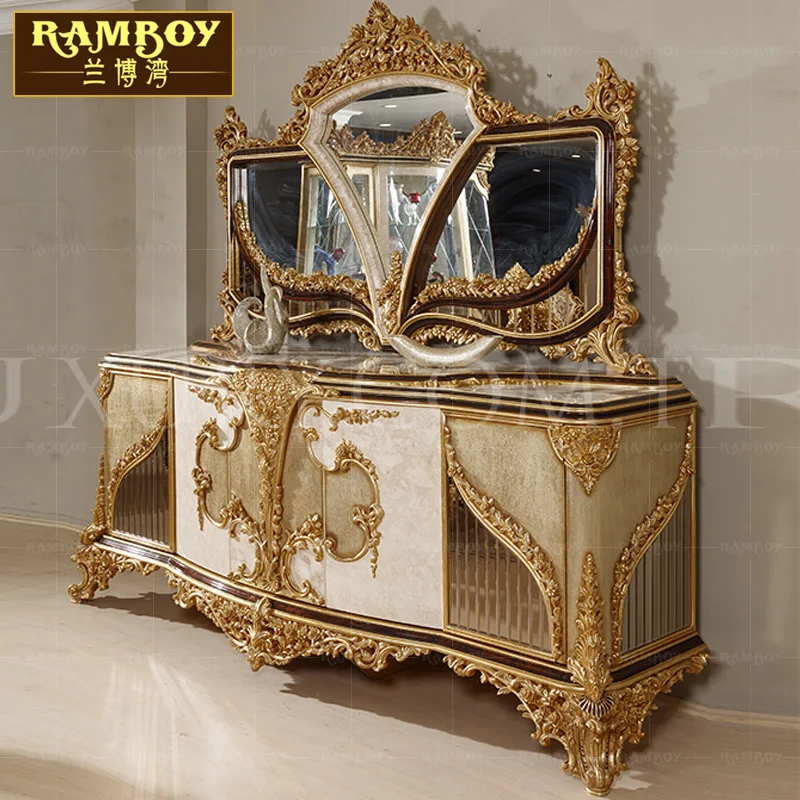 Kabinet samping meja ukir kayu padat dicat Perancis kabinet foil emas kabinet penyimpanan samping restoran Eropa solid w