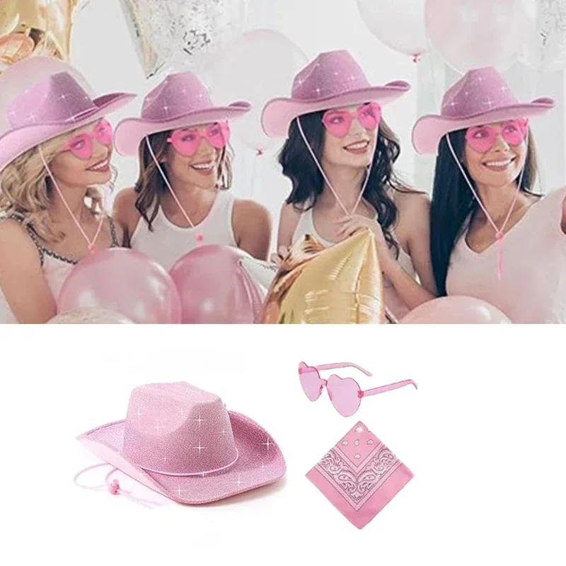 3pcs/Set Bachelorette Party Pink Sparkling Cowboy Hat Western Cowboy Hat Happy Hen Party Decor Girls Birthday Party Photo Props