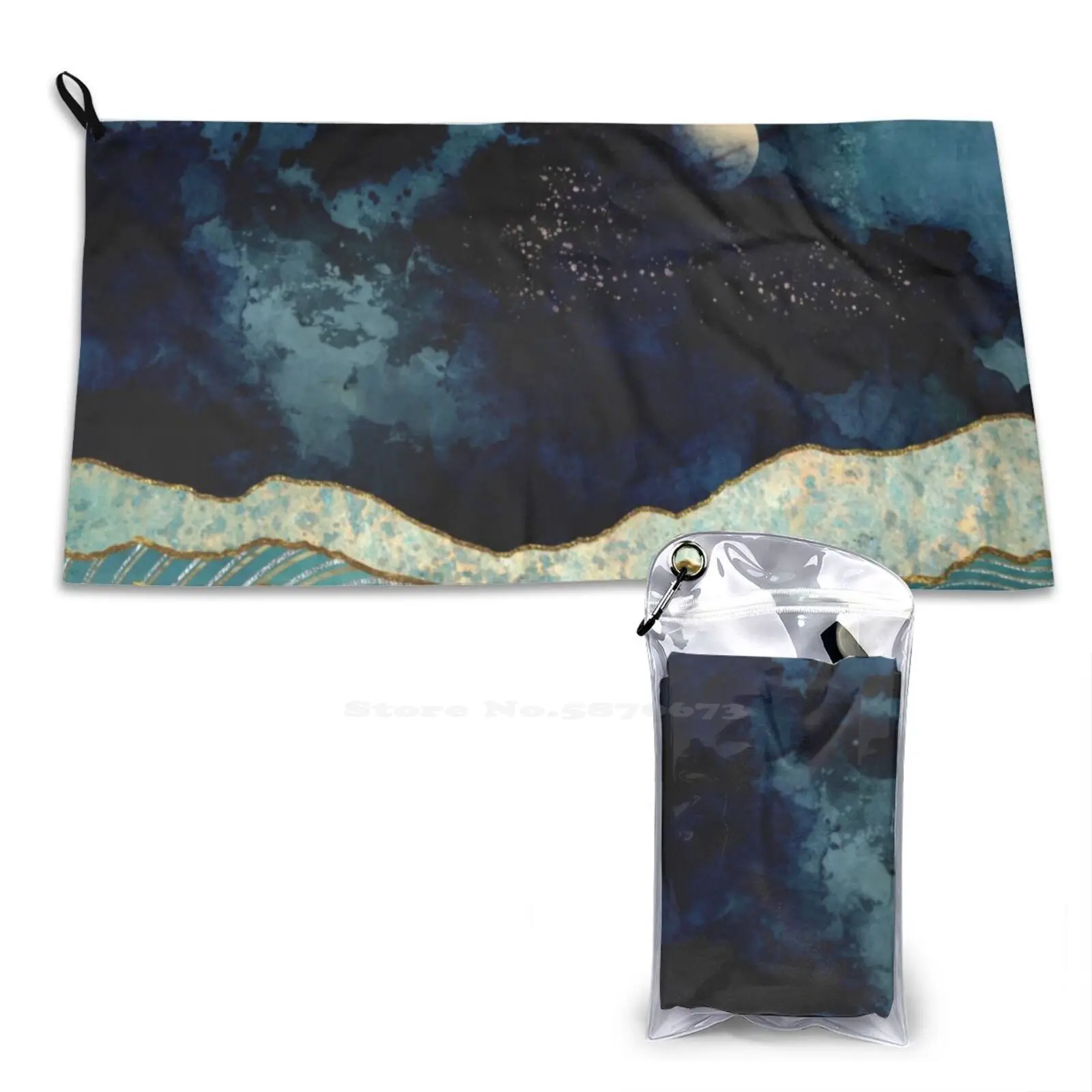 Indigo Sky Soft Towel Quick Dry Beach Towel Indigo Sky Lake Reflection Blue Mint Green Gold Stars Mountains Landscape Nature