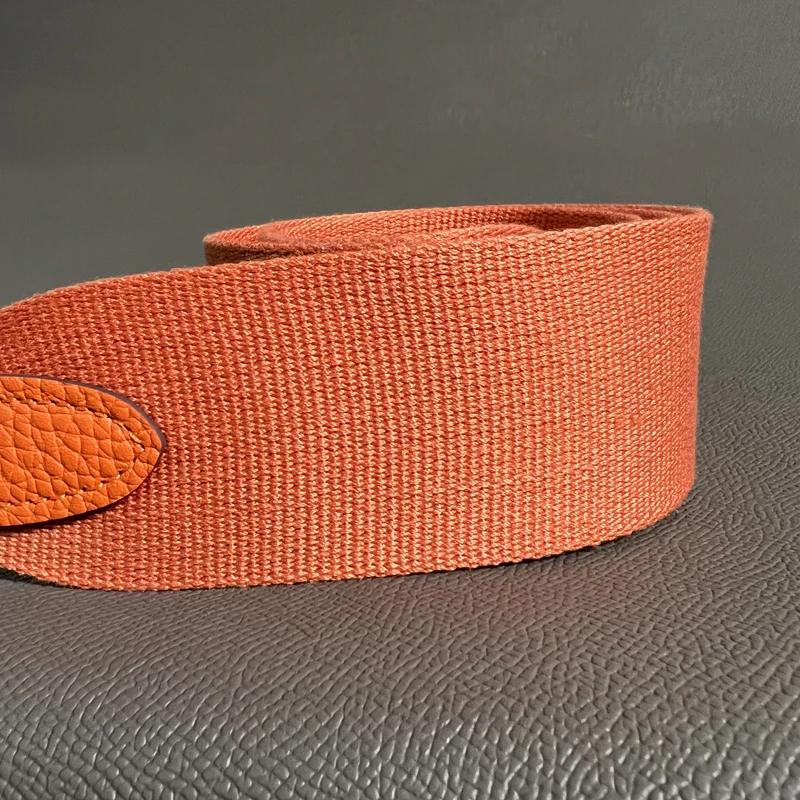 Orange Togo Cowhide 5cm Wide Canvas belt Steel Buckle Genuine Leather Hand Sewn Suitable For Kelly Bags, Shoulder Straps