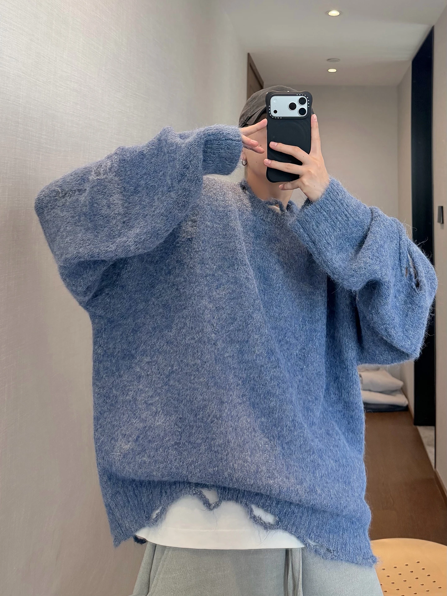 

Вязаный свитер унисекс оверсайз в стиле ретро с крупными вязаными узорами, теплый, светло-голубой