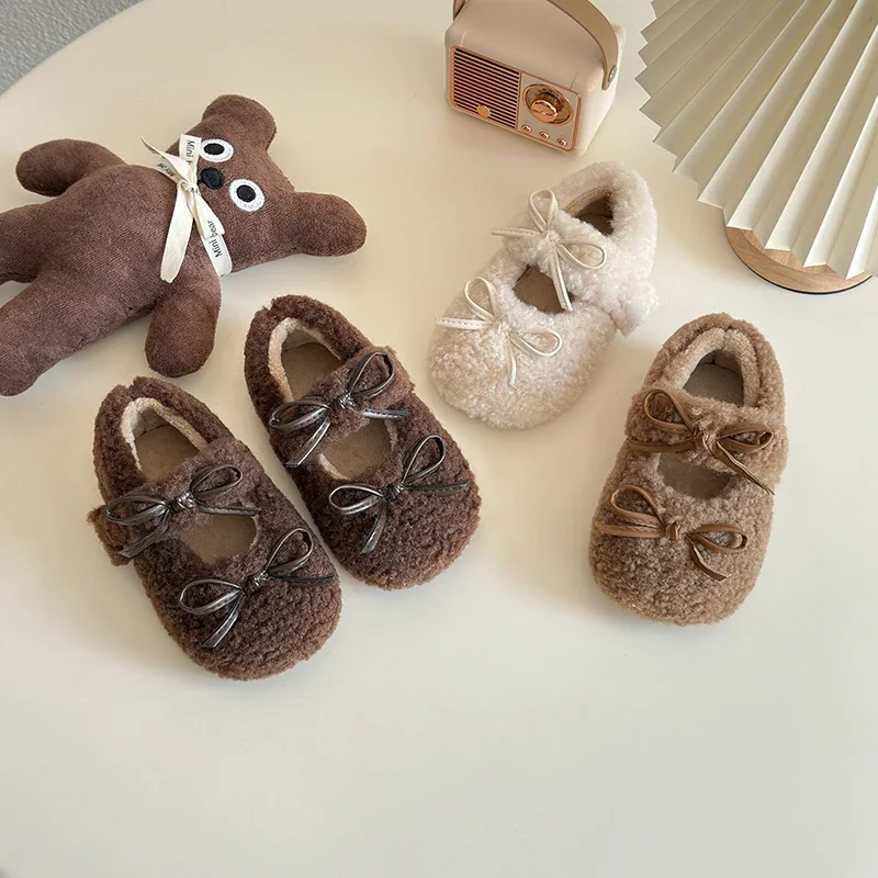 2024 Winter New Children Flats Fashion Double Bowknot Fur Cover Toe Warm Kids Casual Shoe Plush Warm Non-slip Mary Jane Shoes