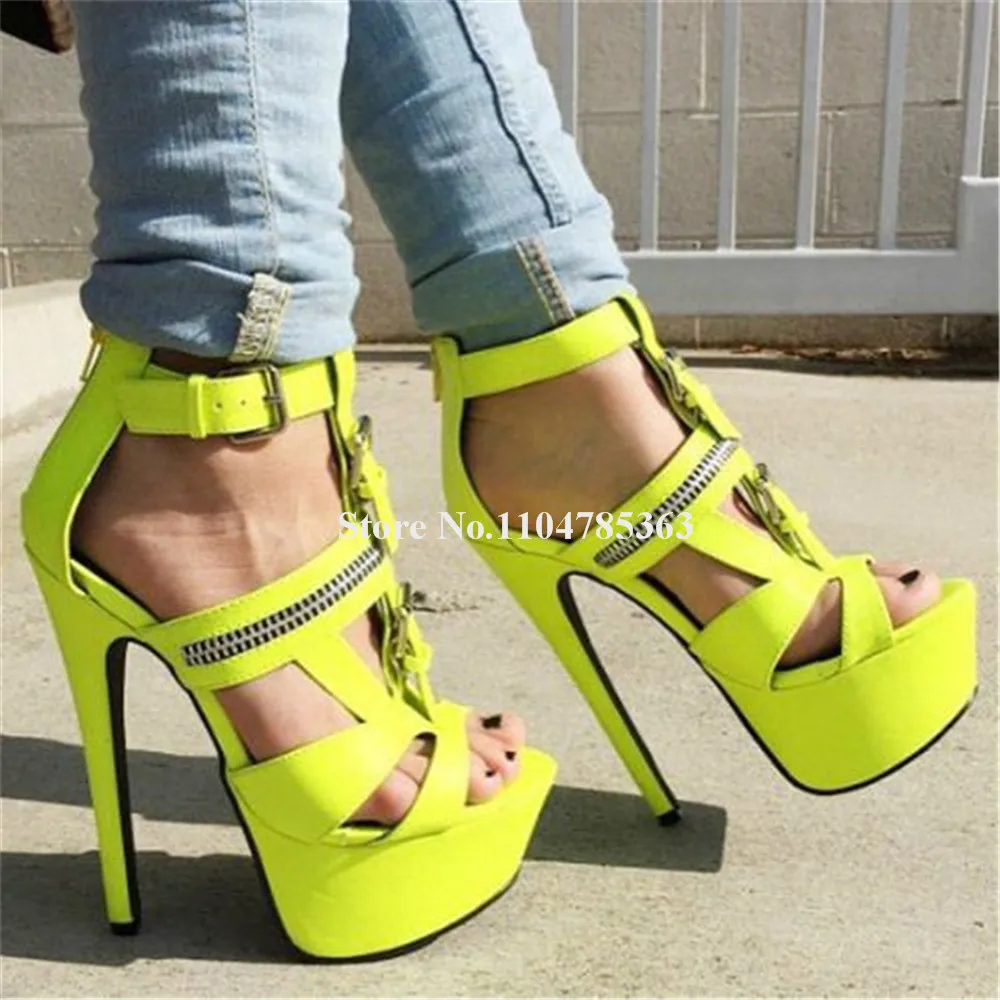 

Yellow Matte Leather Buckles Zippers Decorated Stiletto Heel Sandals Sexy Open Toe T-straps High Platform Thin Heel Party Heels