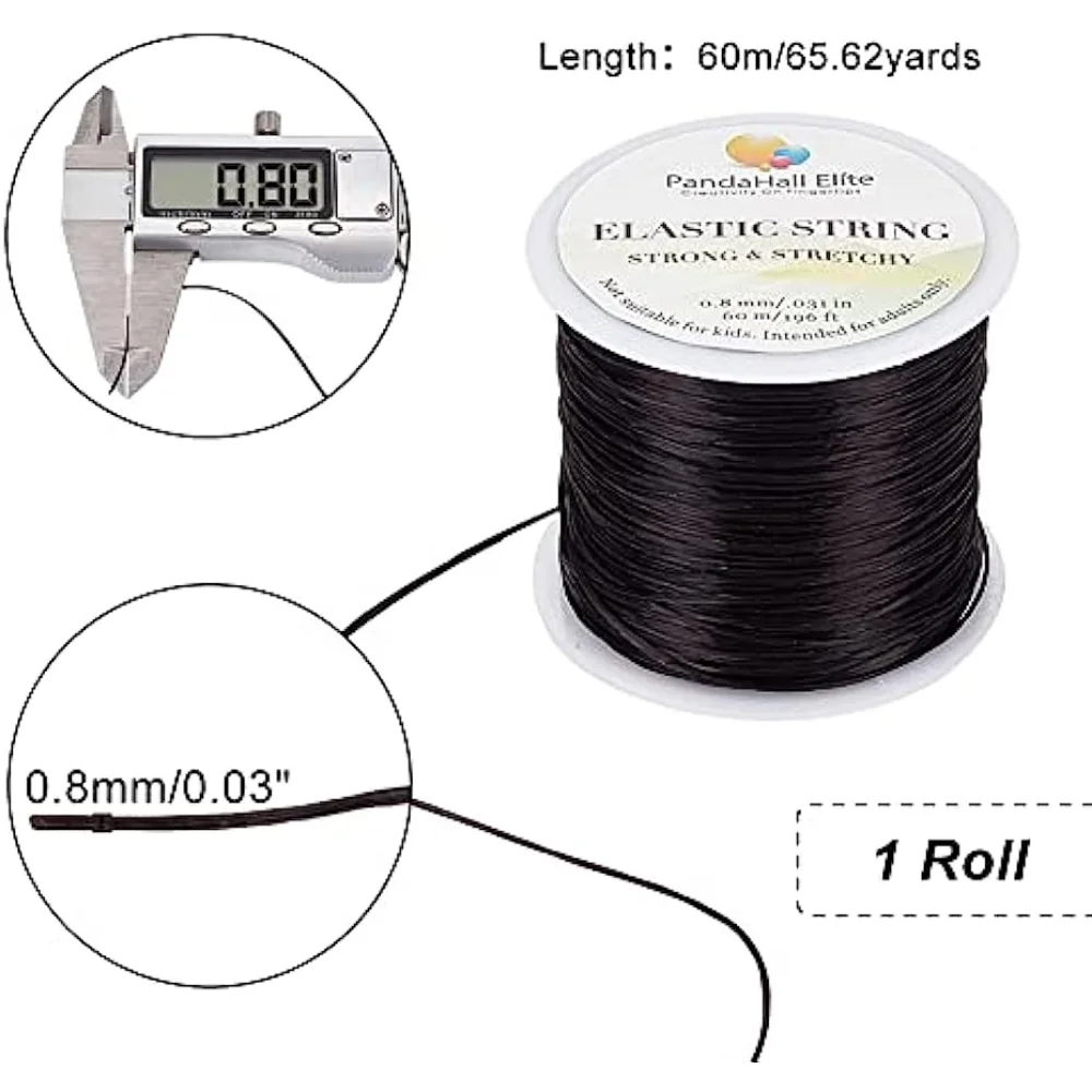 1 rotolo da 0,8 mm nero elastico in poliestere elasticizzato braccialetto gioielli cordoncino di cristallo (60 m/rotolo)