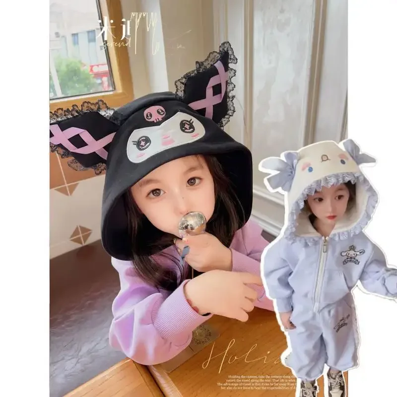 Anime com capuz Sportswear Set para crianças, My Melody Kuromi Girls 'Clothes, Cinnamorollcute, Desenhos Animados, Anime, Casual, Outono, Inverno, Presente