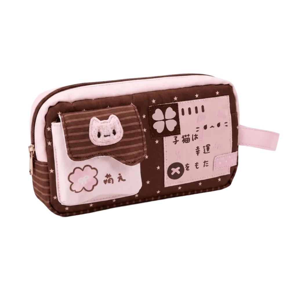 Canvas Cartoon Cat Print Pencil Case Large Capacity Four-Leaf Clover Print Stationery Bag Multi-Pocket Zipper Pen Pouch Student