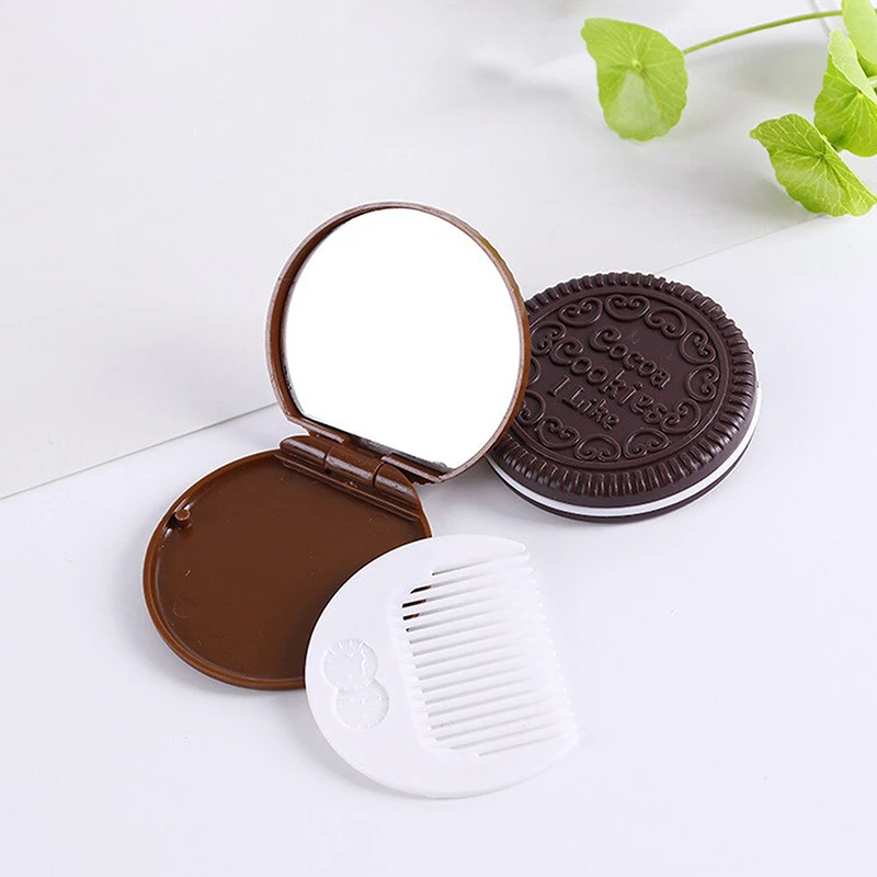 Mini espejo de bolsillo portátil con peine, espejo de diseño en forma de galleta de Chocolate, Marrón lindo, maquillaje de Chocolate, peine plegable, regalo de maquillaje