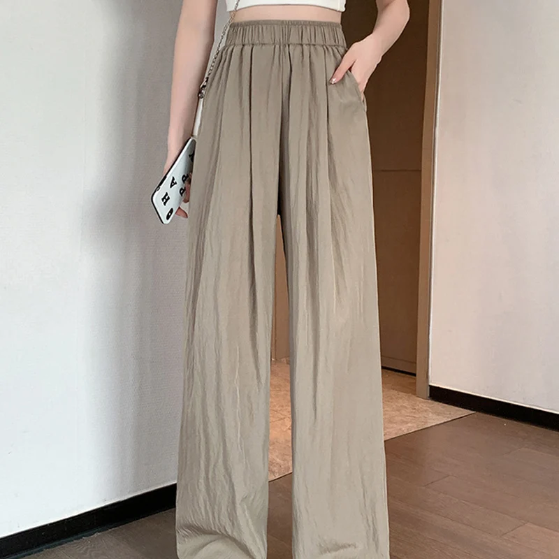 Spring Summer New Solid Color Fashion Elastic Waist Wide Leg Trousers Women Elegant Casual Loose Chic Pockets Patchwork Trouser