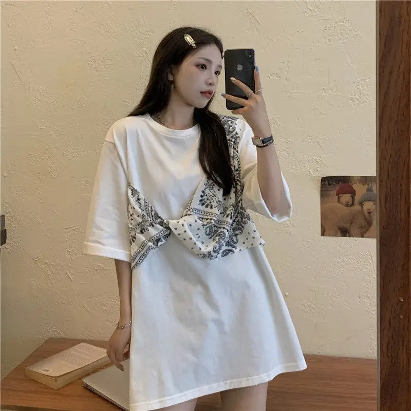 Summer New Patchwork Contrast T Shirts Short Sleeve Loose Solid Fake Two Pieces Casual Tops Tees Korean Fashion Women Clothing