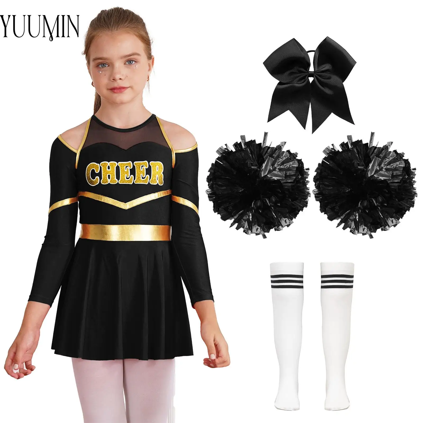 Kids Girls Cheerleading Dance Outfits Long Sleeve Letter Leotard Dress Accessories School Sports Meeting Performance Costume Set