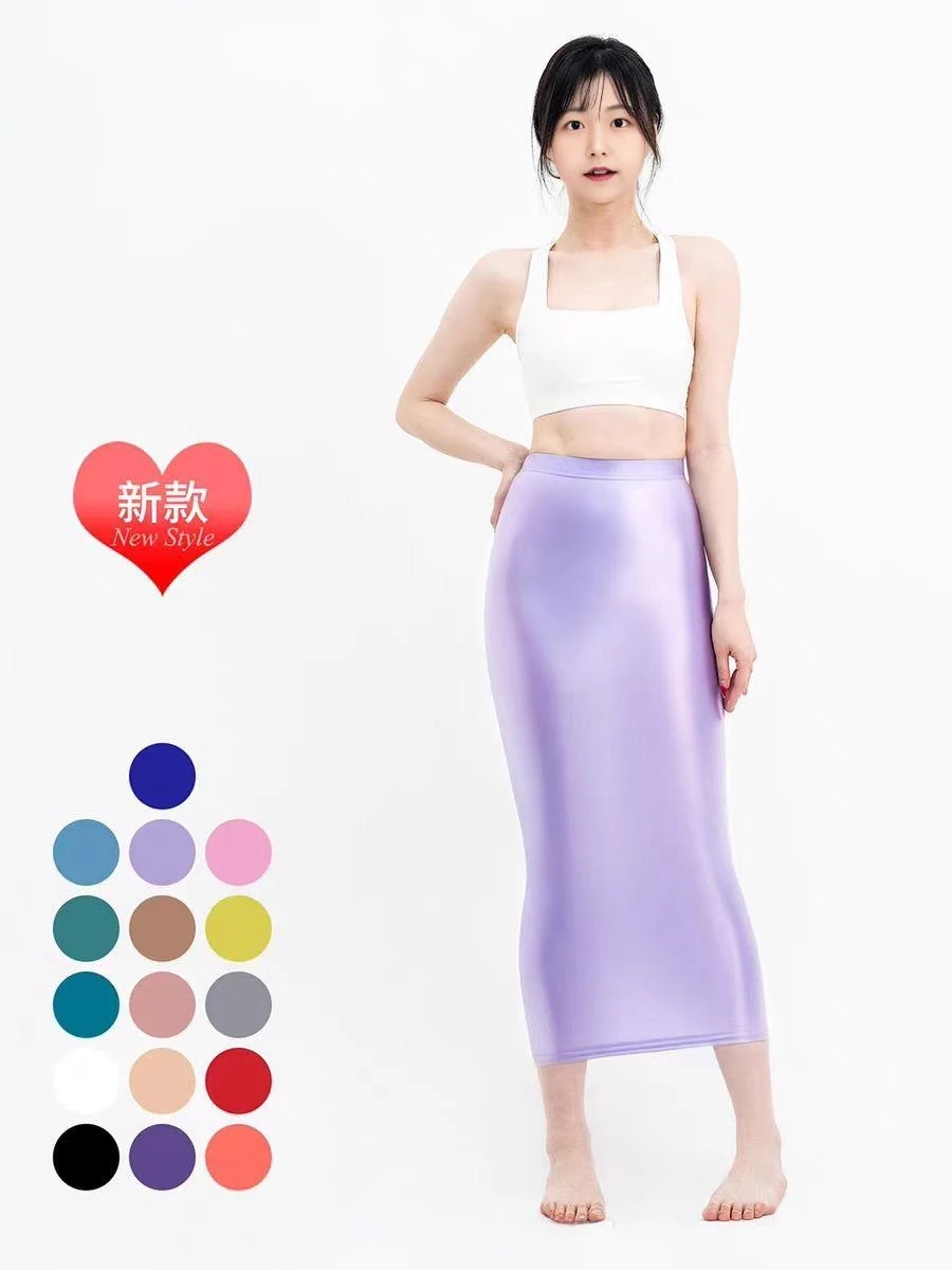 DROZENO Long Glossy Stretch Skirt Sexy One-Step Bag Hip Design Silk Smooth Thin Half Dress for Women Elegant Fashionable