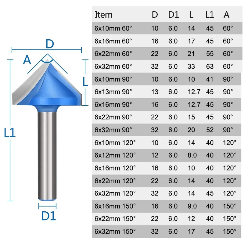 3D CNC Solid Carbide End Mill, 6mm V Tipo Slotting Cutter, 60, 90, 120, 150 Graus para Madeira MDF Contraplacado Slotting Router Bit