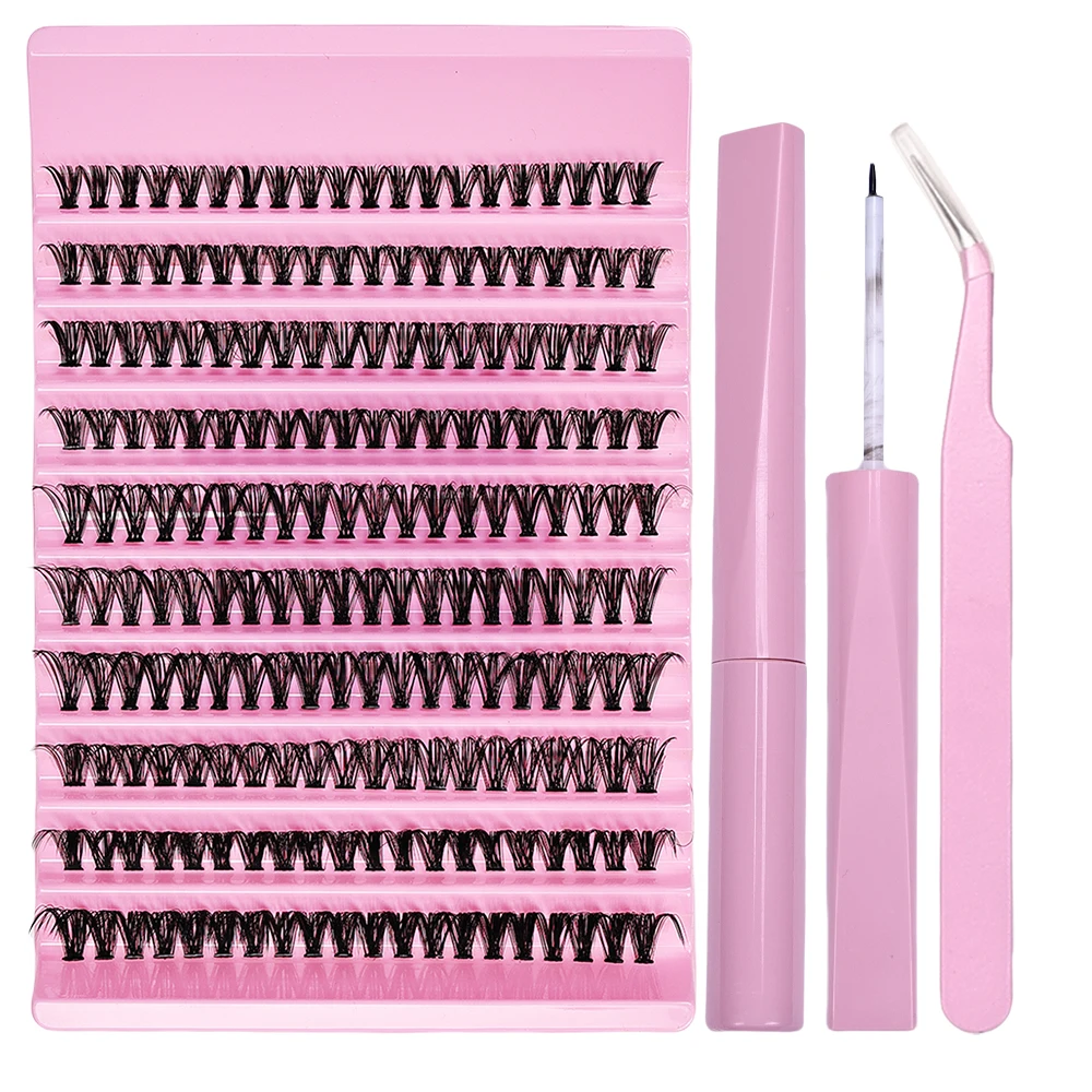 Eyelash Extension Kit 200 Clusters False Lashes DIY Lash Clusters Mix Length and Adhesive and Tweezers