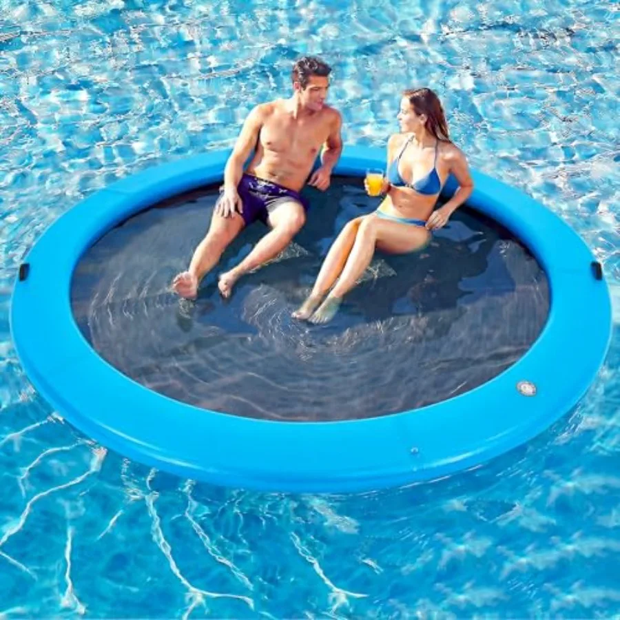 

Round Inflatable Floating Dock Sunchill Float Ring with Woven Fabric in Blue Quick Inflate/Deflate in 1-2 Min Using Manual Pump