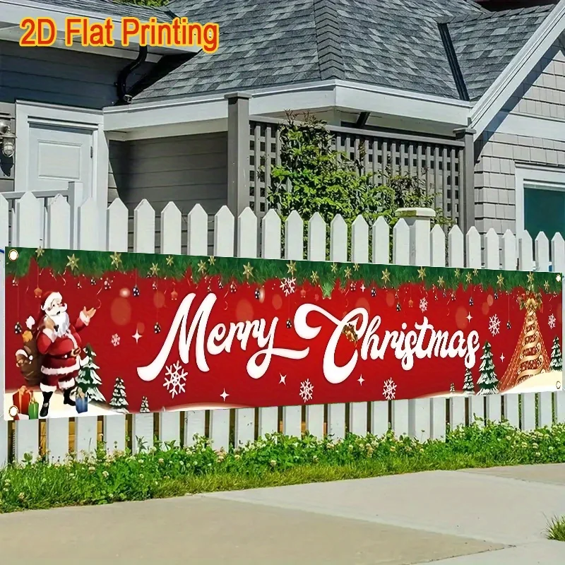 Plan 2D, 1 bandera de valla navideña con Papá Noel, árbol de Navidad y copos de nieve - rojo verde al aire libre