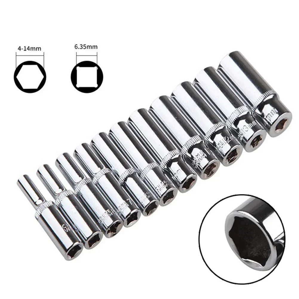 1PCS 4-14mm Deep Socket Wrench Head Deep Socket Adapter 1/4 Inch Hex Socket Wrench Head Ratchet Tool High Torque