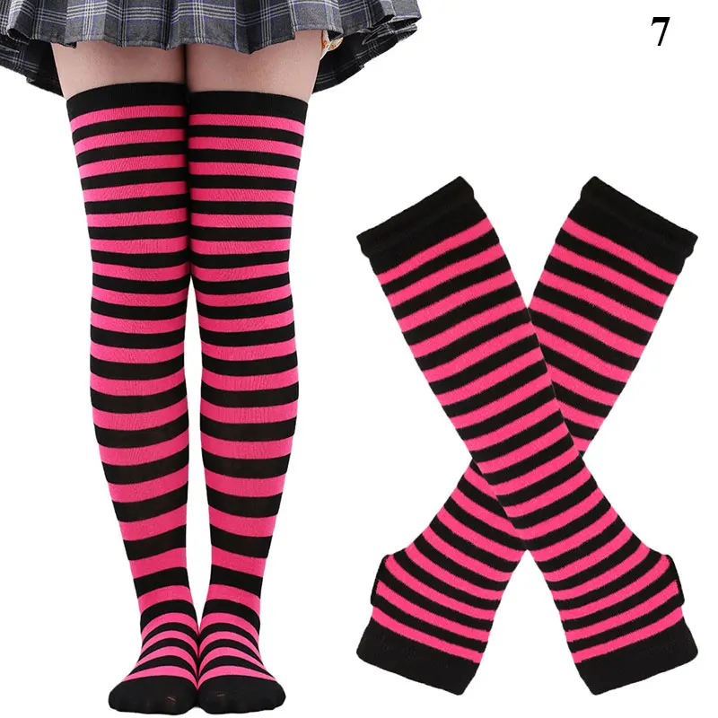 Women Girls Striped Arm Sleeve Warm Knee Socks Sweet Cute Plus Size Overknee Socks Arm Sleeve Gloves Cosplay Halloween Socks Hot