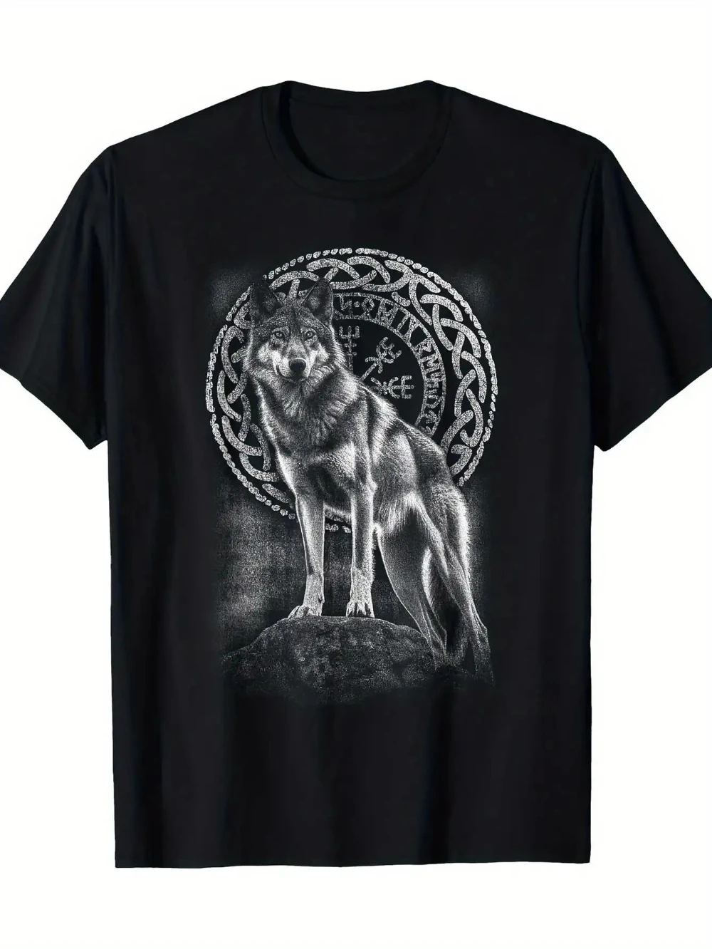 Men's Norse Viking Wolf Odin Rune T-Shirt 100% Cotton 180gsm Viking Symbol Tee with Odin Rune & Norse Knotwork