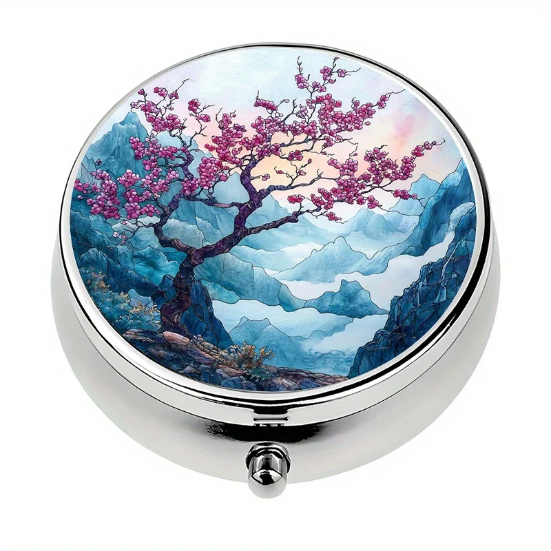 Single pack, wallet-style pill organizer, with 3 pill compartments, plum blossom tree pill box, decorative metal portable medicine and vitamin case, ideal for travel - fits in a wallet or purse, colorful pill and jewelry organizer