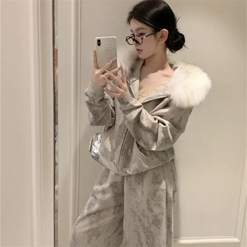 الرجعية ليوبارد طباعة الفراء طوق زمم هوديي دعوى النساء 2025 خريف جديد موضة فضفاض عادية بنطال ذو قصة أرجل واسعة قطعتين مجموعة #1