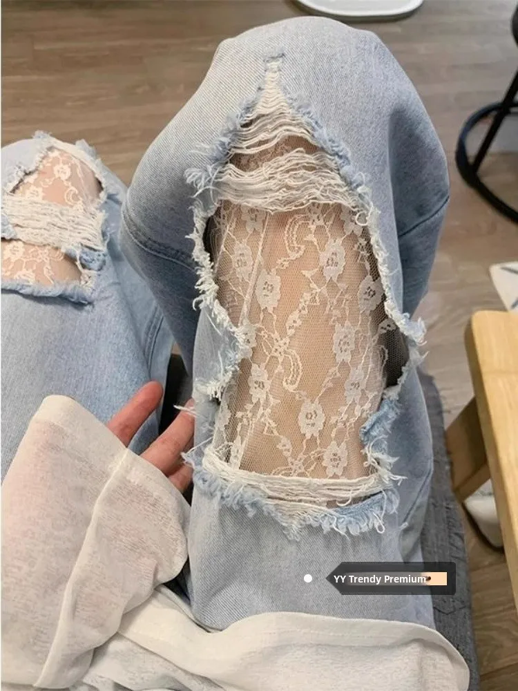 

Джинсовые брюки с кружевным дизайном и дырками, женские свободные широкие длинные брюки, осенние корейские свободные брюки для ленивых, маленькие ence