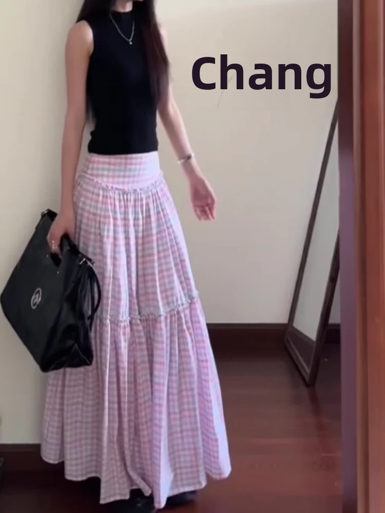 Rosa Plaid A-Line Midi Rock frauen Frühling Sommer Abnehmen Hohe Taille Vintage Plissee Kleine Größe Lange Rock Pendeln Sle