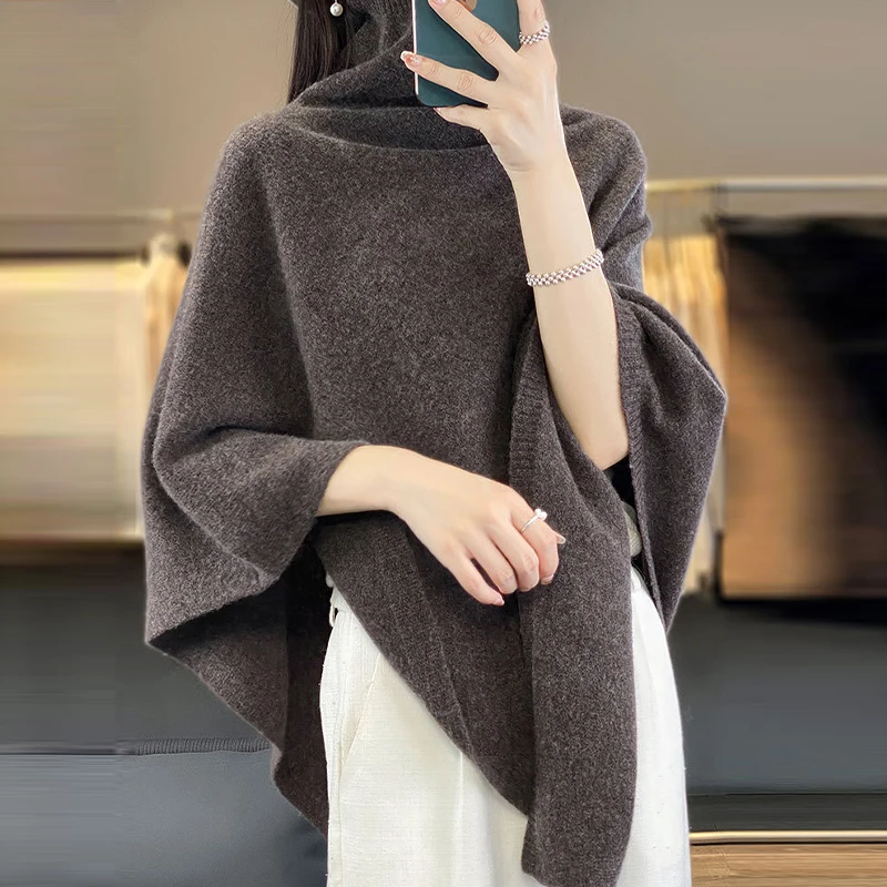 Turtleneck Cashmere Poncho Pullover Shawls 100%Wool Knitted Irregular Cloak Fashion Soft Warm Wollen Bat Sleeve Loose Pullovers