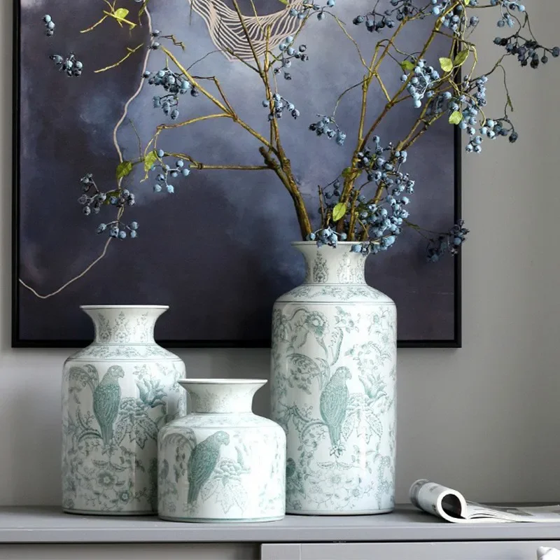 Blue and White Porcelain Vase with Parrot Flower Pattern Ceramic National Style New Chinese Style Water Raising Living Room
