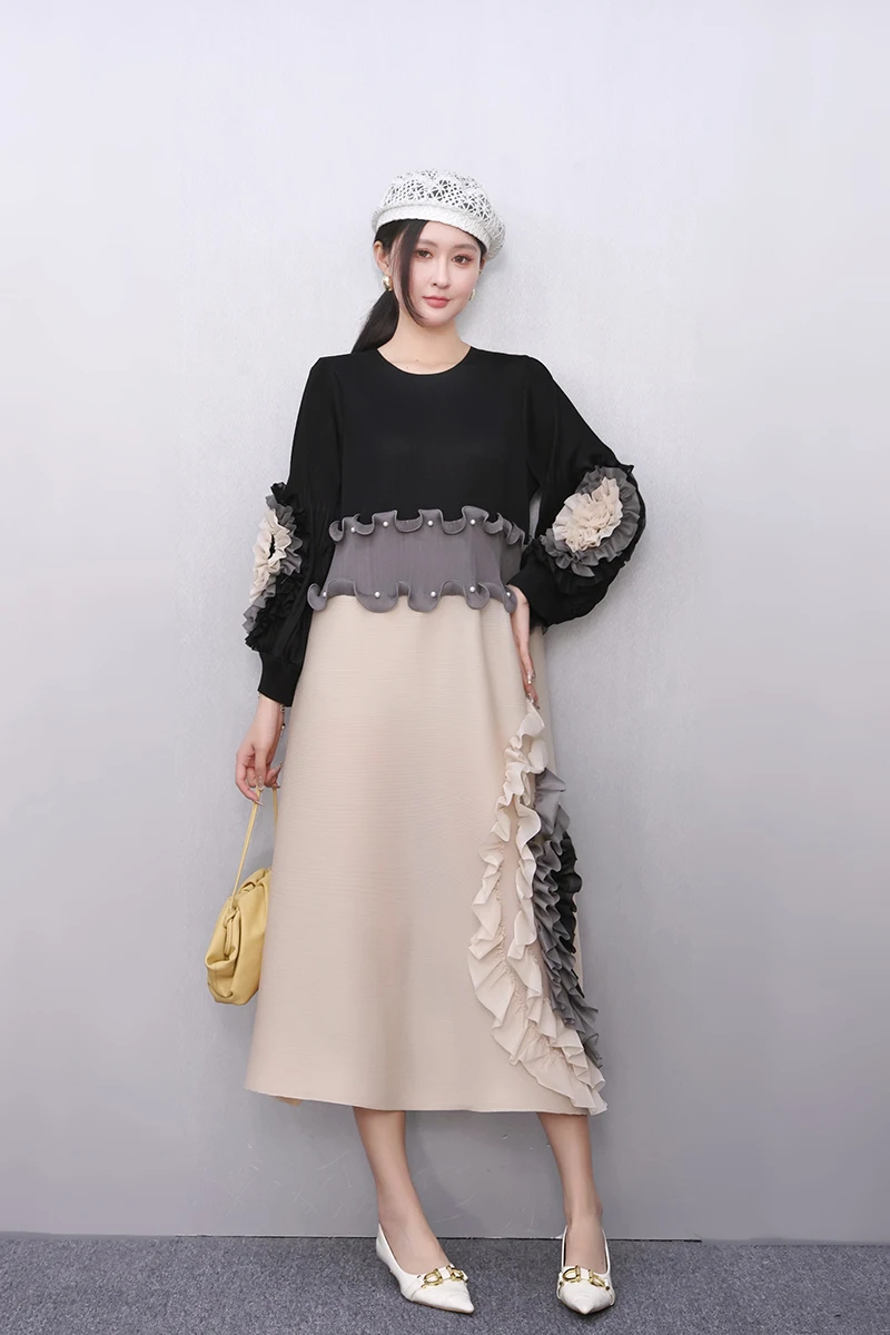 2025 Wiosna Lato Moda Elegancka Elastyczność Liść Lotosu Krawędź Luźne Długie Sukienki Damskie Sukienka z długim rękawem Hurtownia J1084