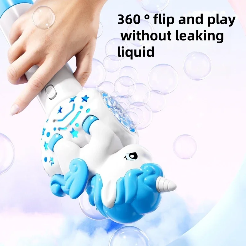 Neue handgehaltene Einhorn-Blasenmaschine für Kinder mit vollautomatischer Beleuchtung und zum Aufkleben von Outdoor-Spielzeug