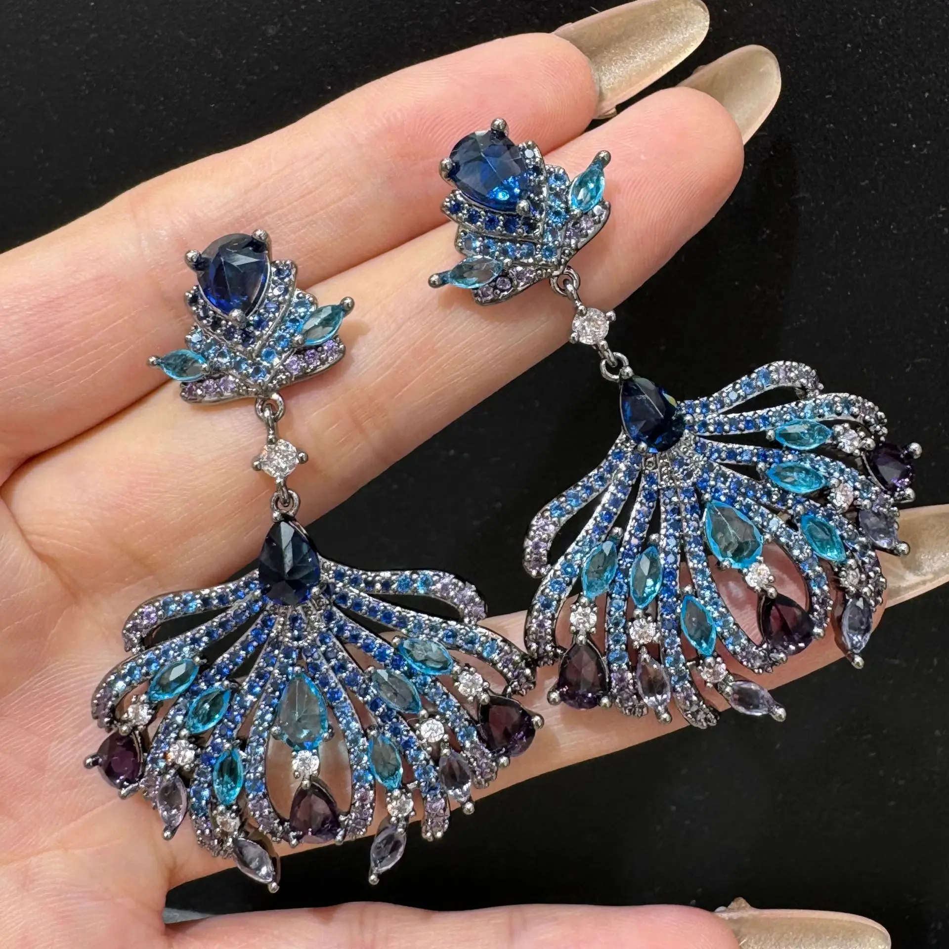 

classy earrings zirconia blue pink orange luxury jewelry dinner party women dangling earrings leaf plant pendant gift female