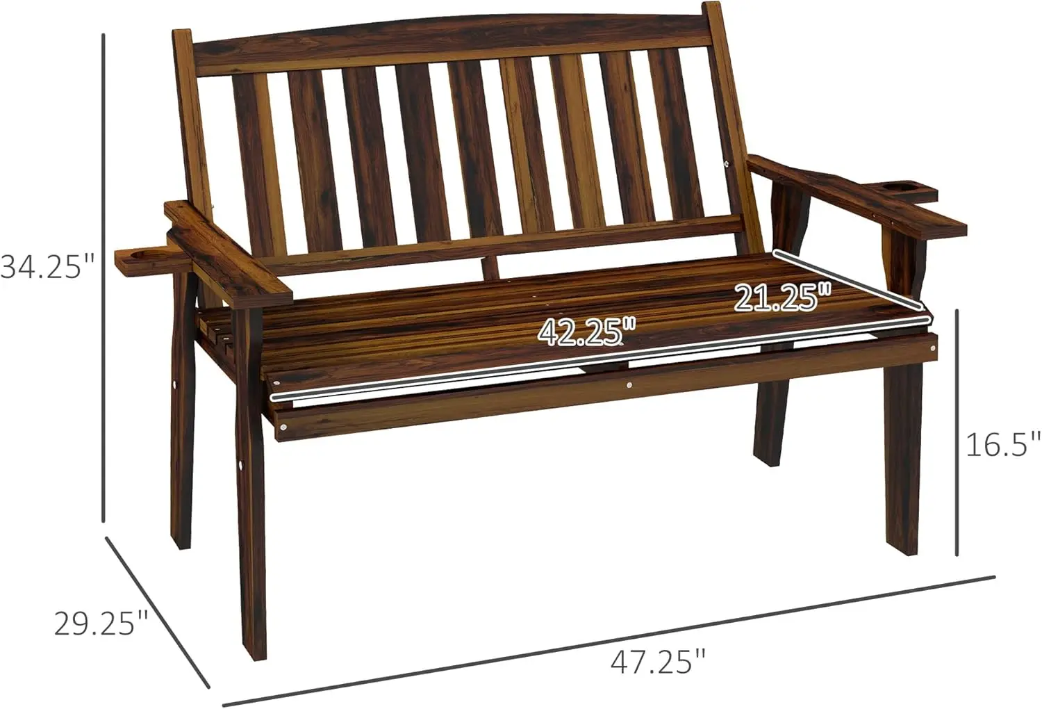 Wood Outdoor Bench, 2-Person Garden Bench with Cupholder Armrests, Slatted Seat and Backrest, Park Bench for Patio, Porch