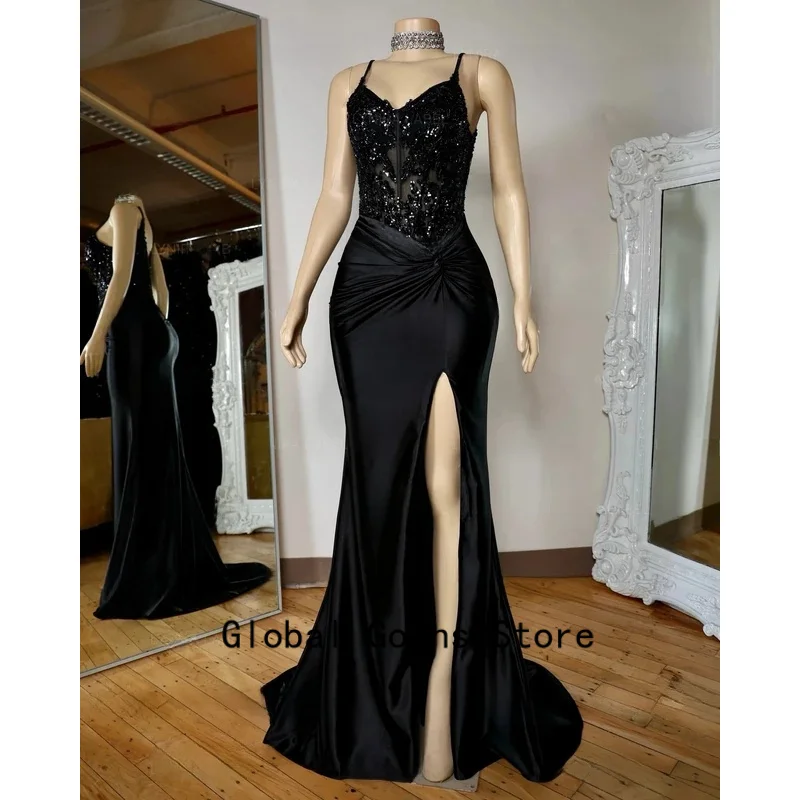 

Black Long Prom Dresses For Black Girls Mermaid Slit Beaded American African Evening Gowns Birthday Party Robe Customized