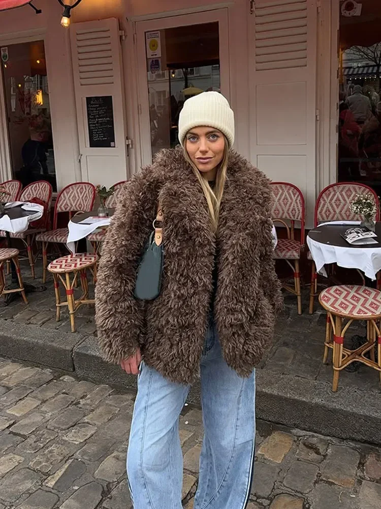 豪華な人工ふわふわフェイクファーのジャケット女性エレガントなラペル長袖厚いコート秋冬暖かいストリートアウター